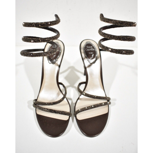 Rene Caovilla Margot Brown Crystal Snake Ankle Wrap Strap Sandal Heel Pump 38 - Picture 7 of 12